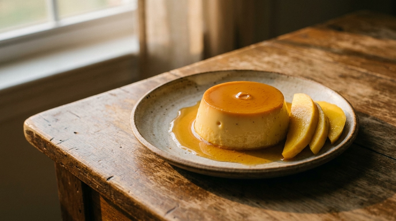 Flan with caramel sauce and mango slices on rustic wooden table in warm lighting