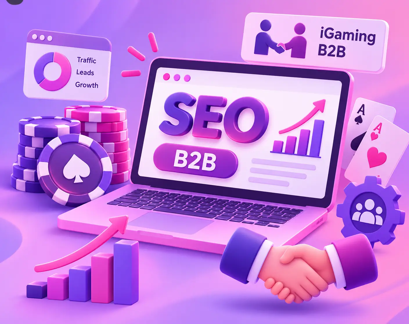 Laptop displaying SEO graphics with poker chips, handshake, and playing cards in vibrant purple setting