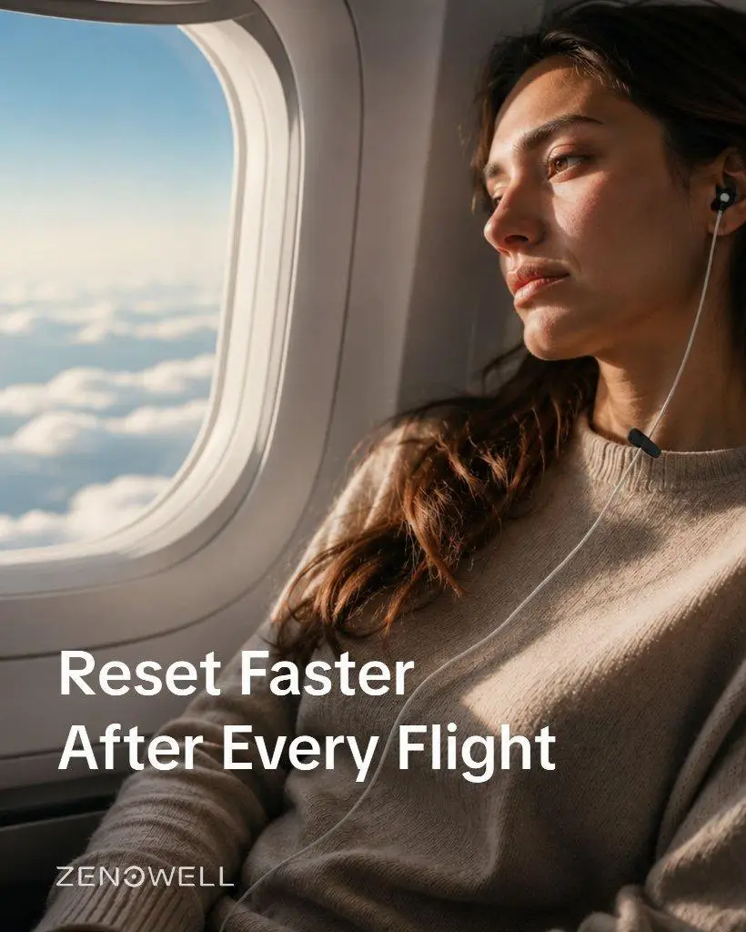 Woman wearing earphones looking out airplane window at clouds