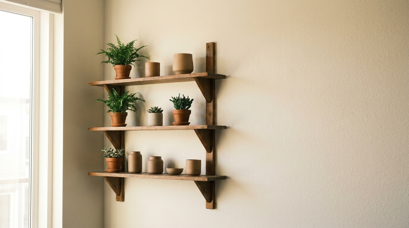 Wooden wall shelves with potted plants and clay decor in bright indoor setting