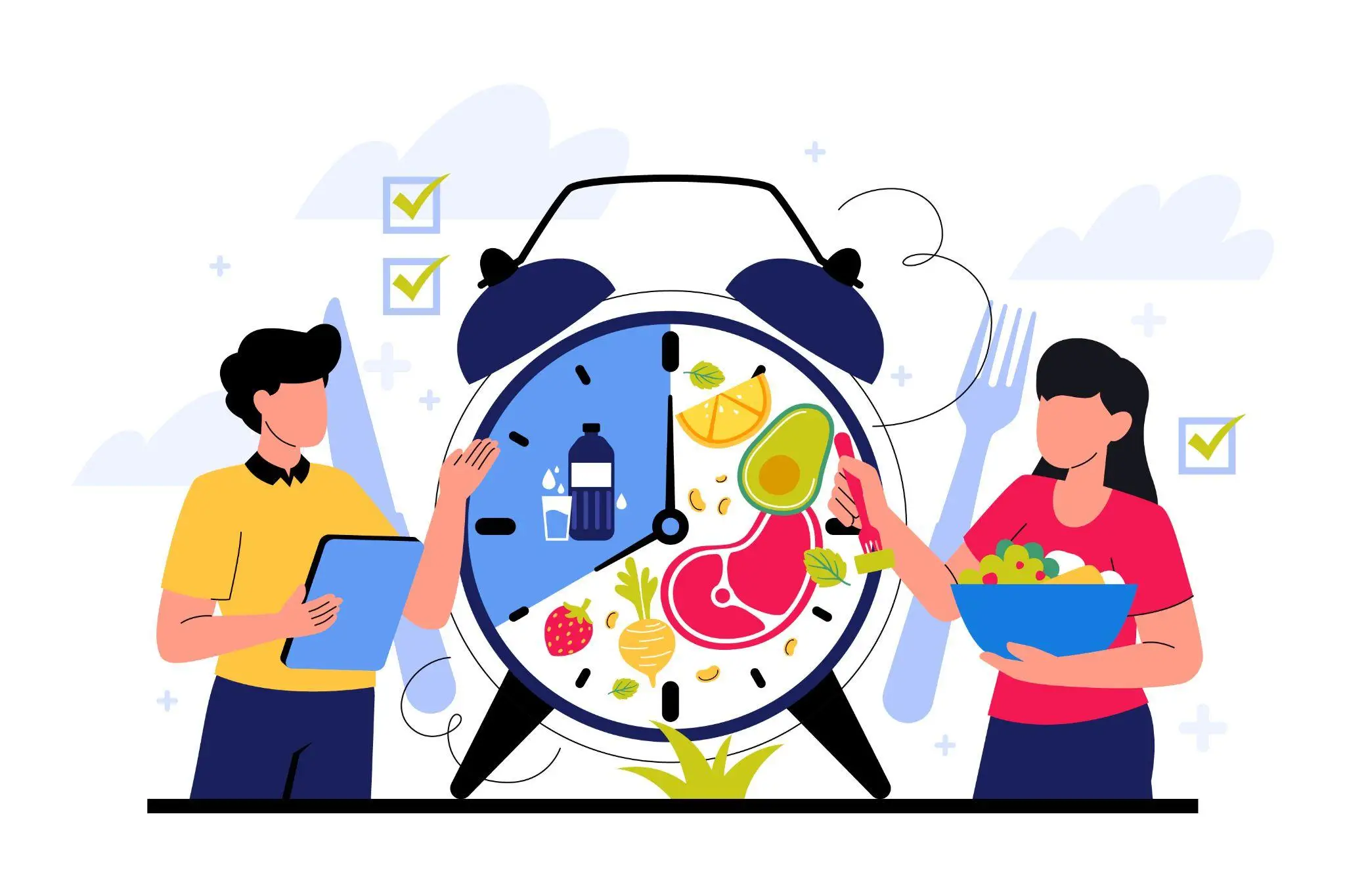 Illustrated clock with food items inside, flanked by two people, symbolizing healthy eating time management