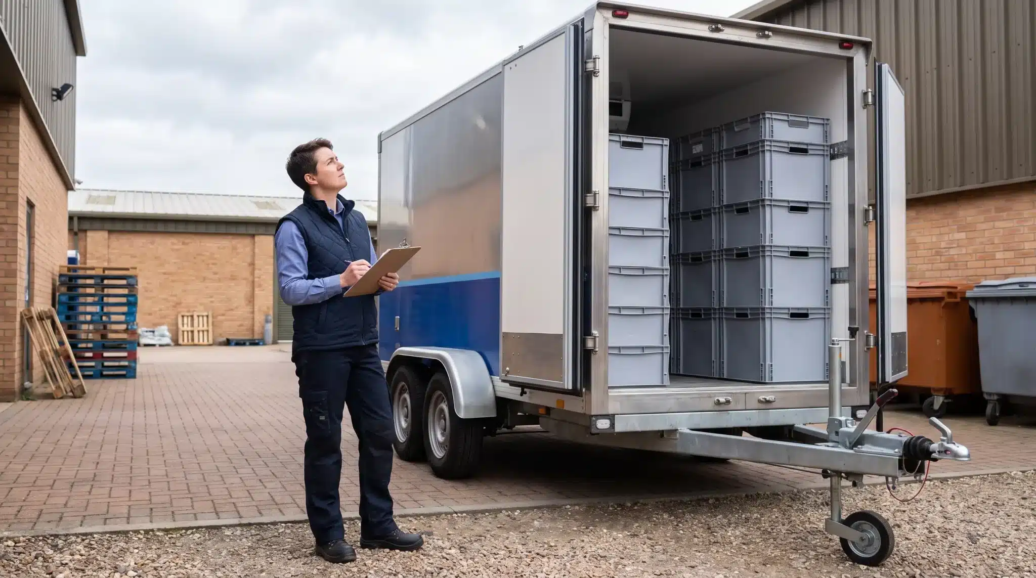 Worker checking inventory of stacked crates inside open delivery trailer outdoors