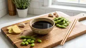 Bowl of soy sauce with edamame pods and garlic on wooden cutting board in kitchen