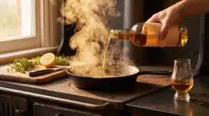 Pouring amber liquid into cast iron skillet with steam rising in rustic kitchen setting