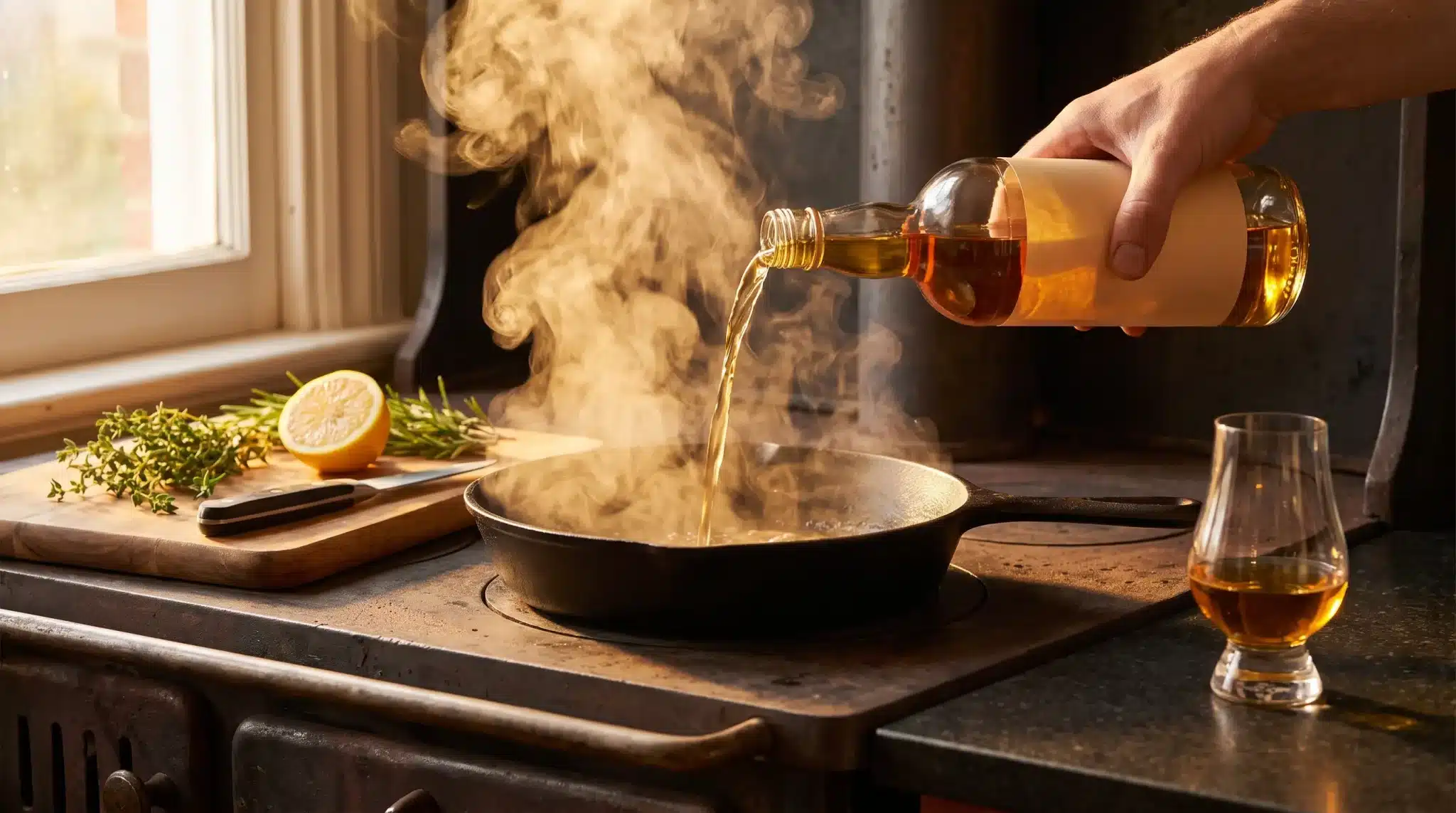 Pouring amber liquid into cast iron skillet with steam rising in rustic kitchen setting