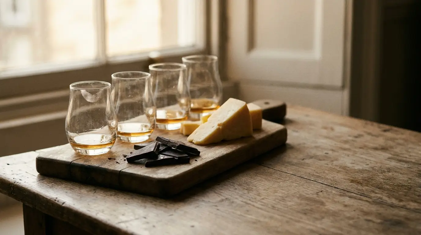 Whiskey glasses and cheese with chocolate on wooden table in soft natural light