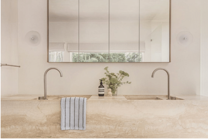 Double sinks with chrome faucets in a modern bathroom with large mirror and potted plant