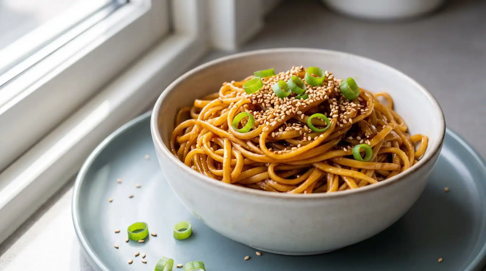 Noodles topped with sesame seeds and green onions in a ceramic bowl by a window