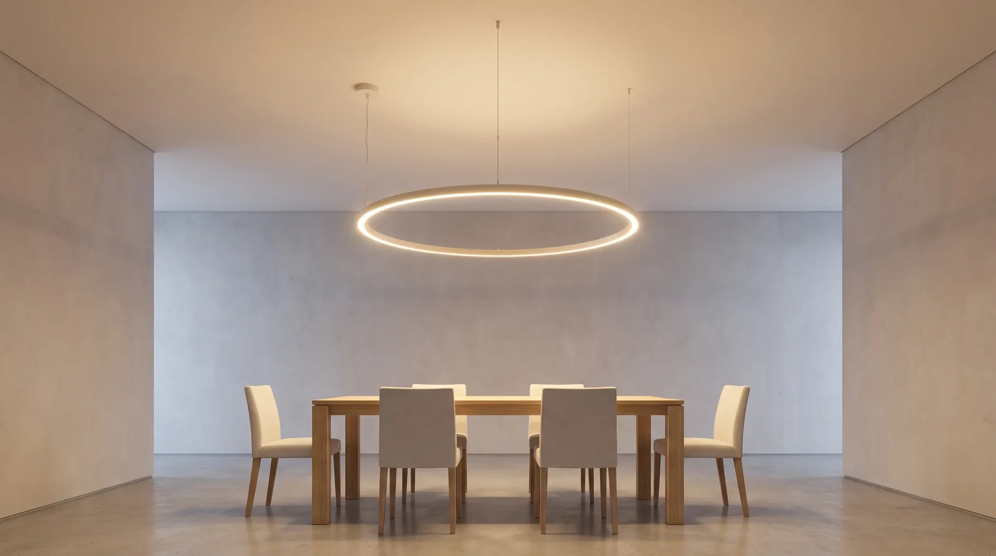 Modern dining room with wooden table, six beige chairs, and circular pendant light fixture