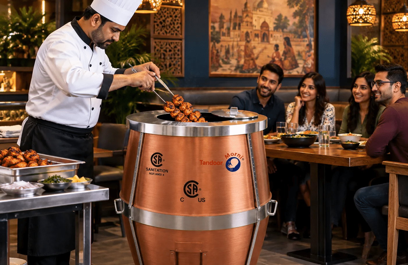 Chef cooking chicken tikka on a Tandoor Morni clay tandoor oven - CSA and NSF/ANSI 4 certified