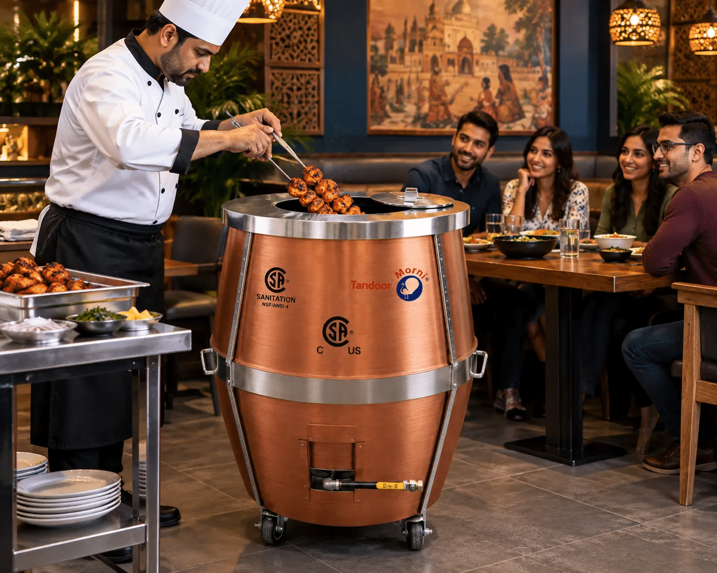 Chef cooking chicken tikka on a Tandoor Morni clay tandoor oven - CSA and NSF/ANSI 4 certified