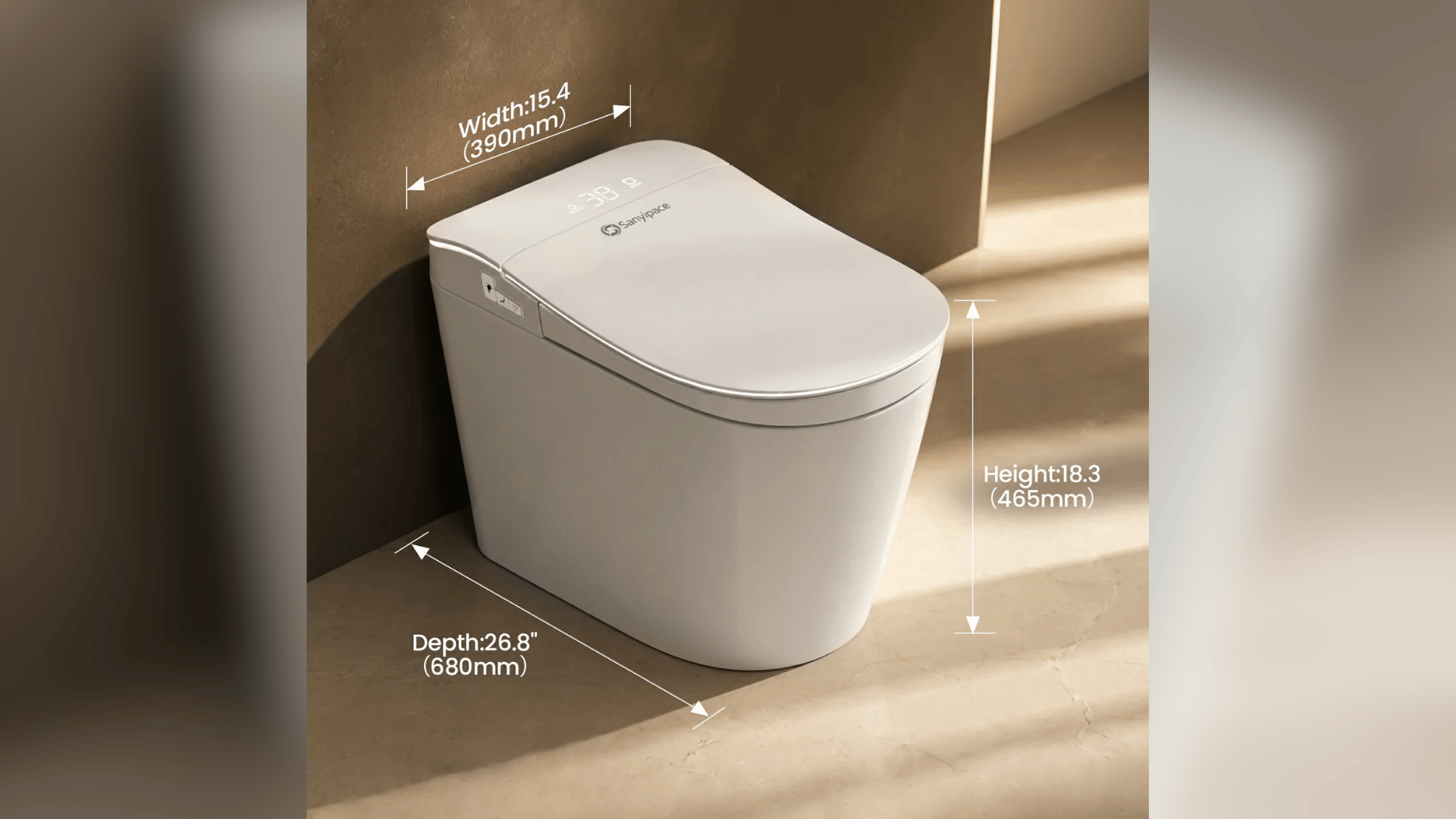 smart toilet with labeled dimensions showing width 15.4 inches, height 18.3 inches, and depth 26.8 inches