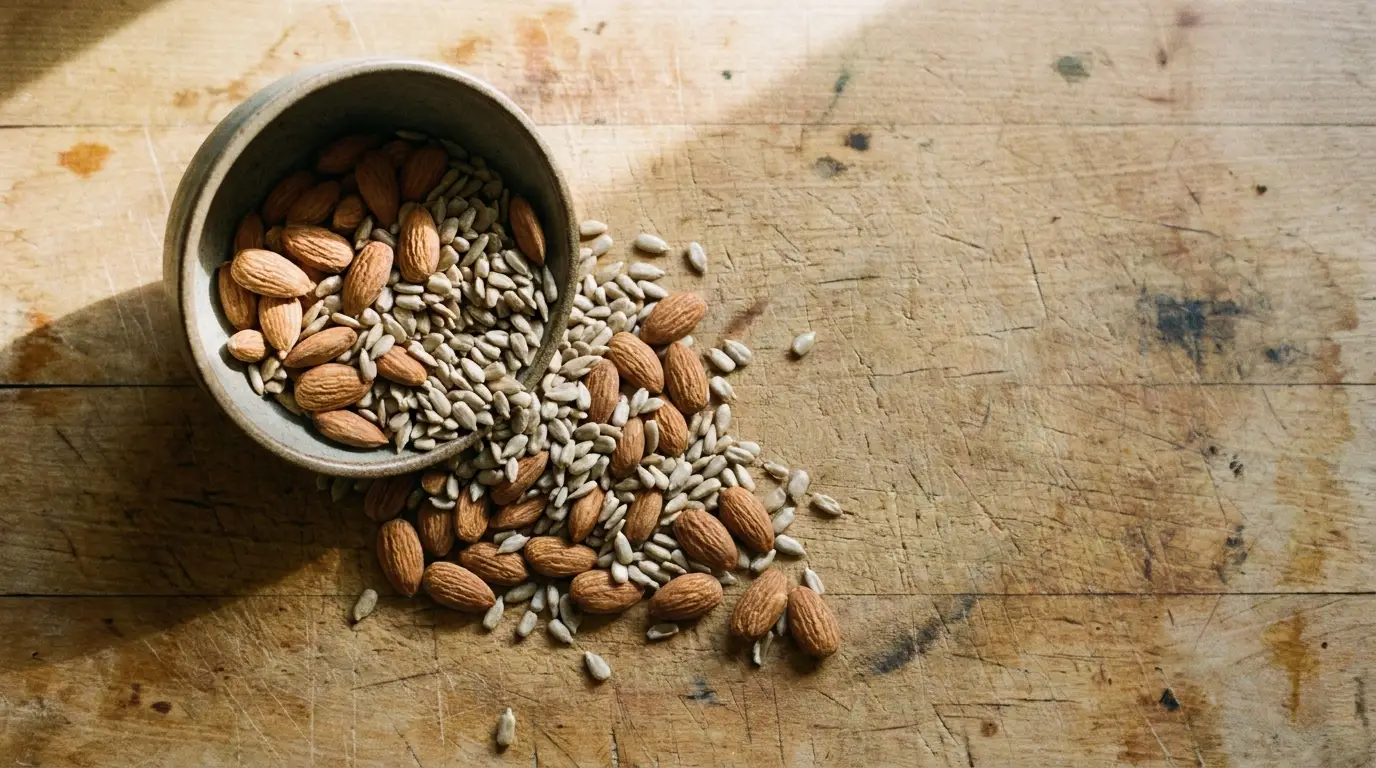 Almonds and sunflower seeds spilling from bowl onto rustic wooden surface
