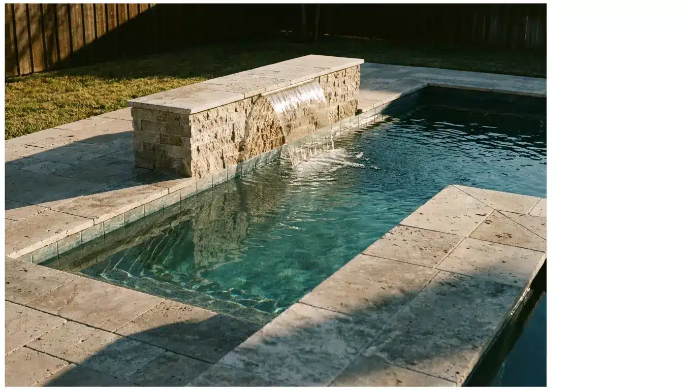 Stone-bordered swimming pool with waterfall feature in sunny outdoor setting