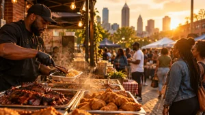 Chef serving barbecue and sides at outdoor food market during sunset with city skyline in background