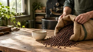 Hands pouring coffee beans from burlap sack onto wooden table in sunlit room