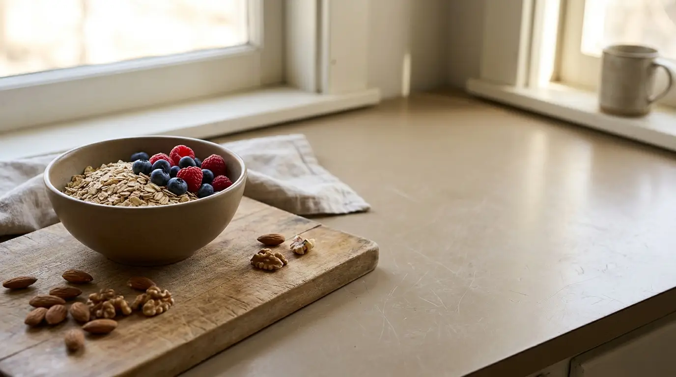 Bowl of oats with berries and nuts on wooden board by sunlit windowsill