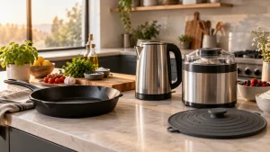 Stainless steel kettle and ice cream maker on marble countertop in sunlit kitchen with fresh ingredients