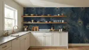 Neutral-toned kitchen with marble countertops and open wooden shelves against peacock feather wallpaper