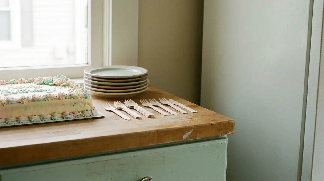 Cake with pastel frosting on wooden countertop next to stacked plates and forks in bright kitchen