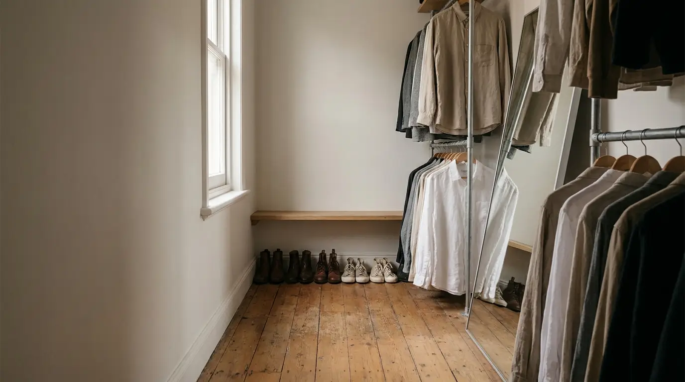Clothing neatly organized in walk-in closet with wooden floor and natural light