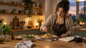 Woman garnishing pasta dish in cozy kitchen with wooden shelves and warm lighting