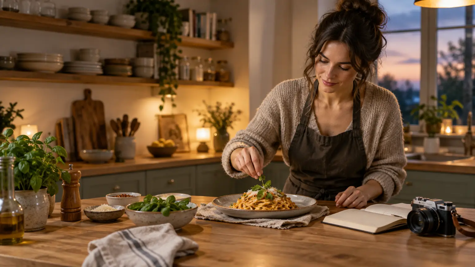 Woman garnishing pasta dish in cozy kitchen with wooden shelves and warm lighting