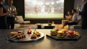 Mini burgers and fries on table with people watching sports in cozy living room setting