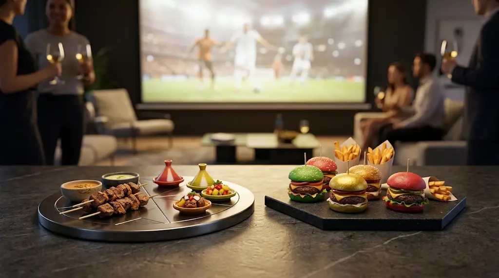 Mini burgers and fries on table with people watching sports in cozy living room setting