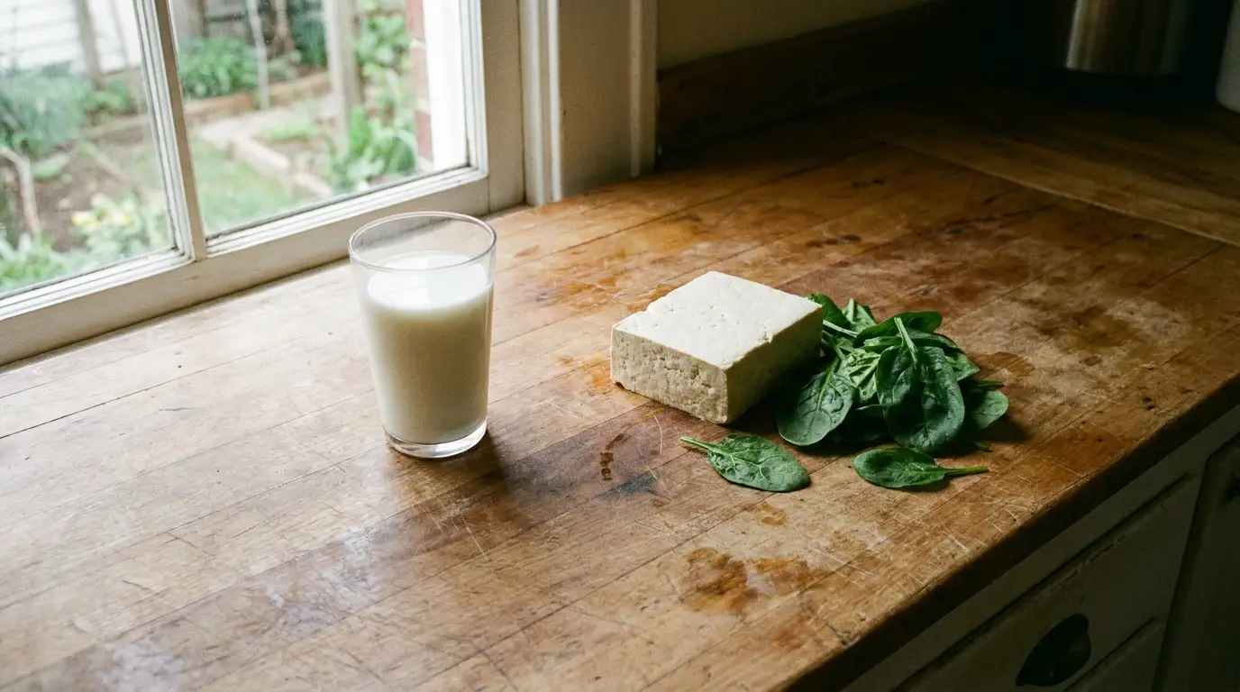 Glass of milk, block of tofu, and spinach leaves on wooden countertop near window