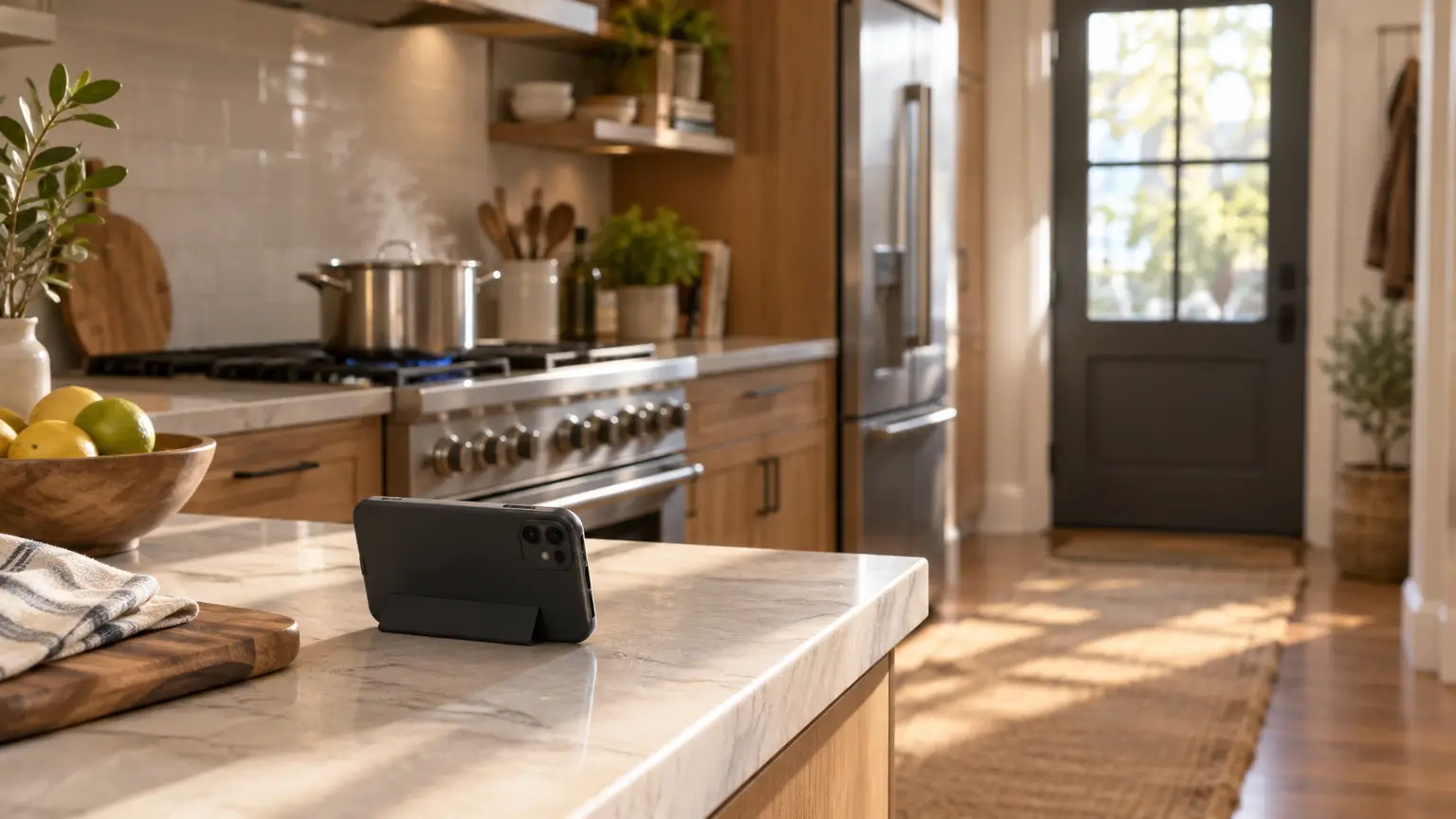 Smartphone on marble countertop in modern kitchen with steaming pot on stove