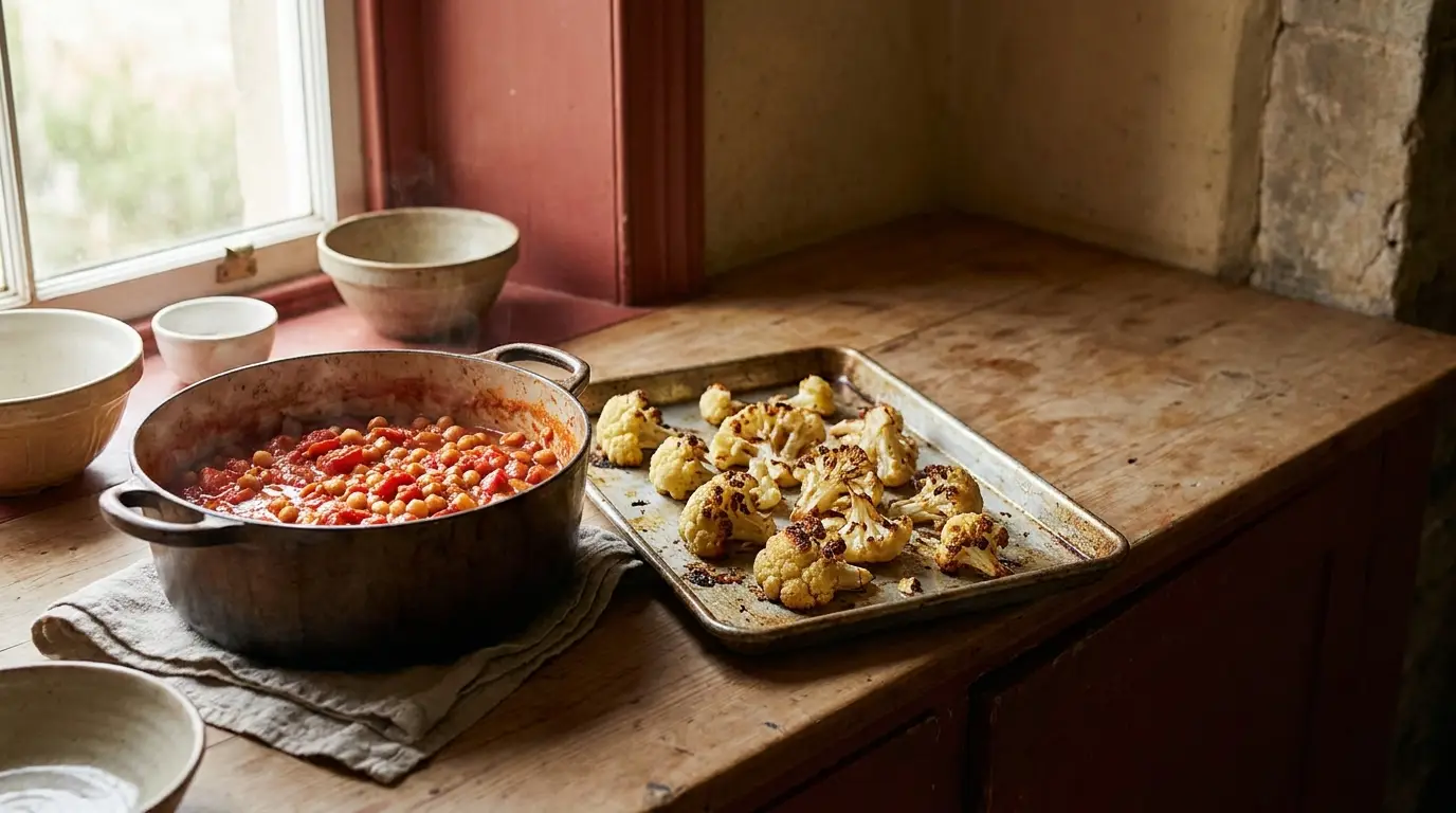 Roasted cauliflower and chickpea stew in rustic kitchen setting