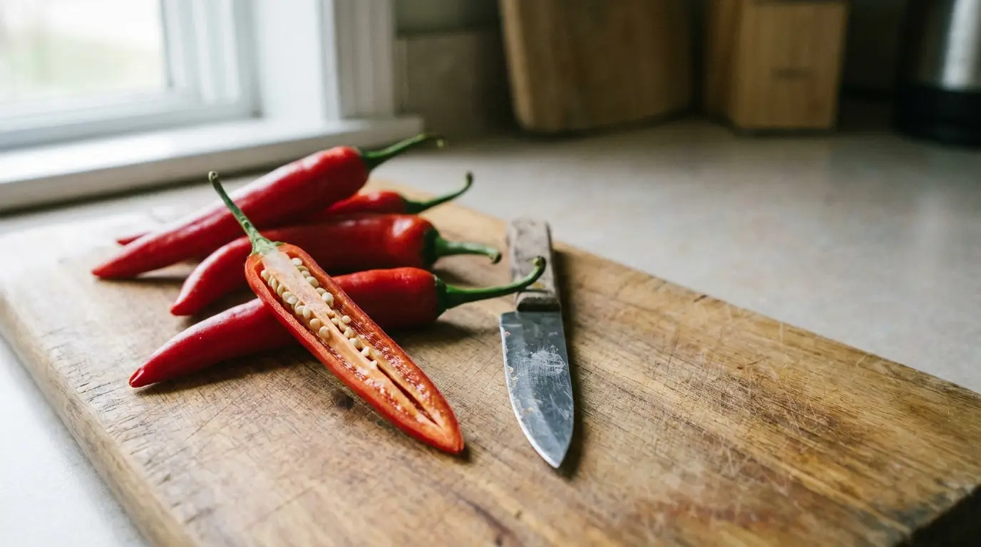 Sliced red chili peppers with seeds on wooden cutting board next to knife in kitchen