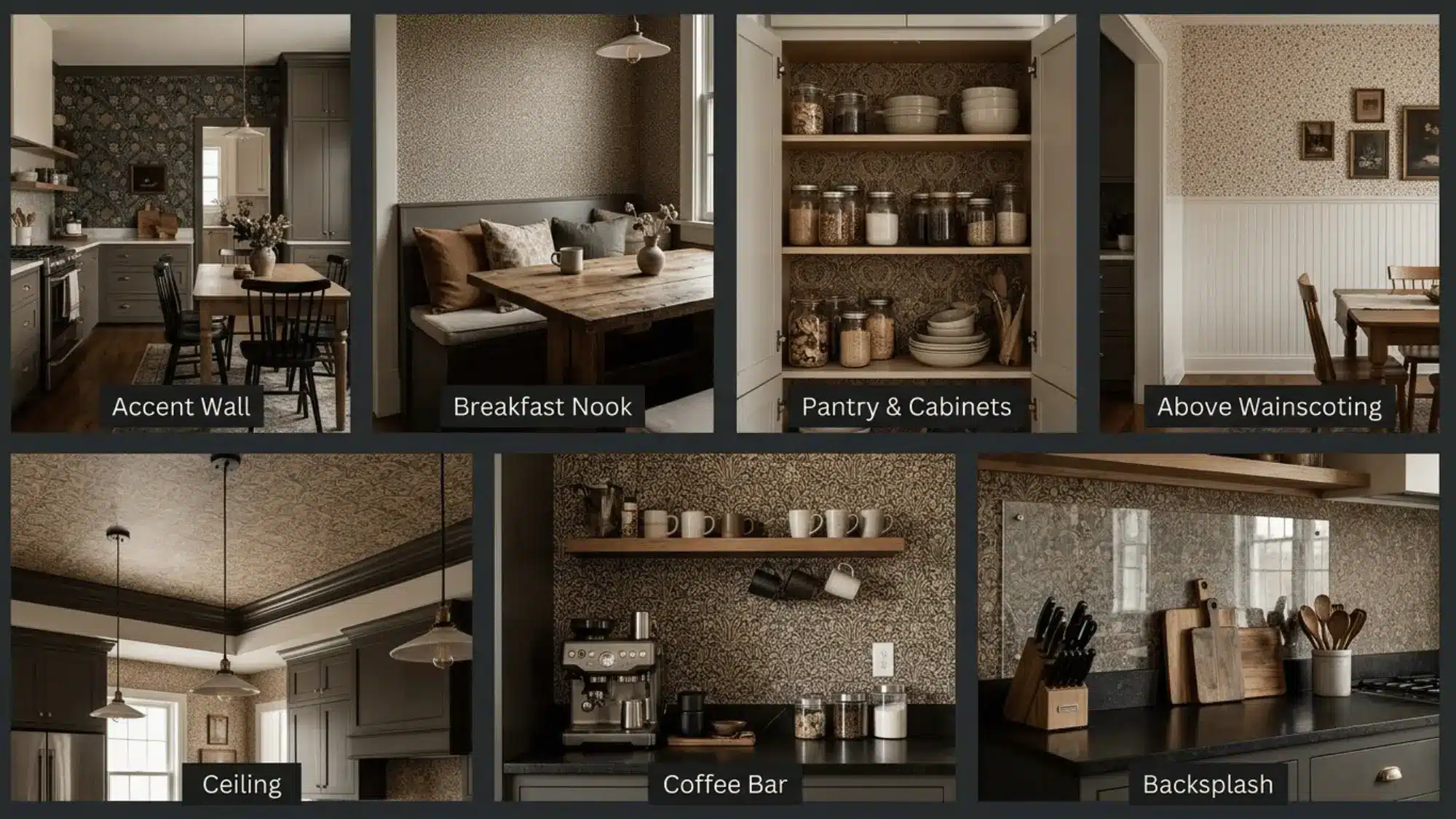 Cozy kitchen collage with floral wallpaper, wooden seating, open shelves, and modern appliances
