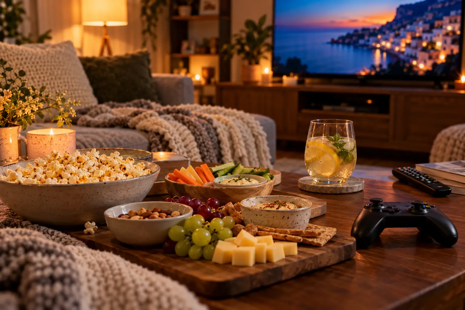 Cozy living room setup with popcorn, cheese platter, and beverage on wooden coffee table