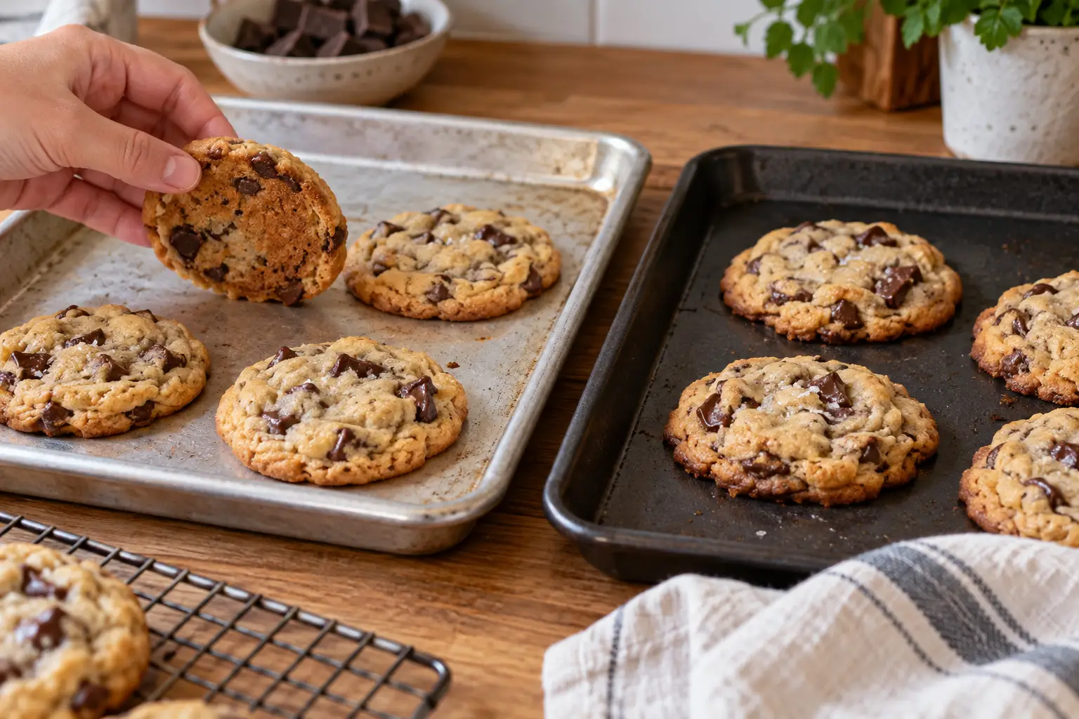 Chocolate chip cookies on baking trays with hand removing one in cozy kitchen setting