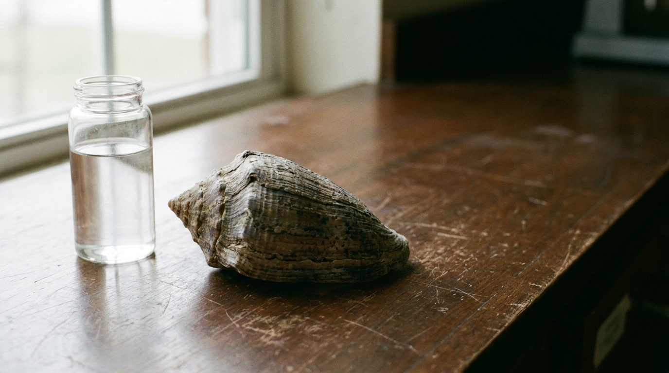 Conch shell and glass jar on wooden windowsill with soft natural light