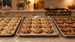 Baking trays with chocolate chip cookies in warm rustic kitchen ambiance