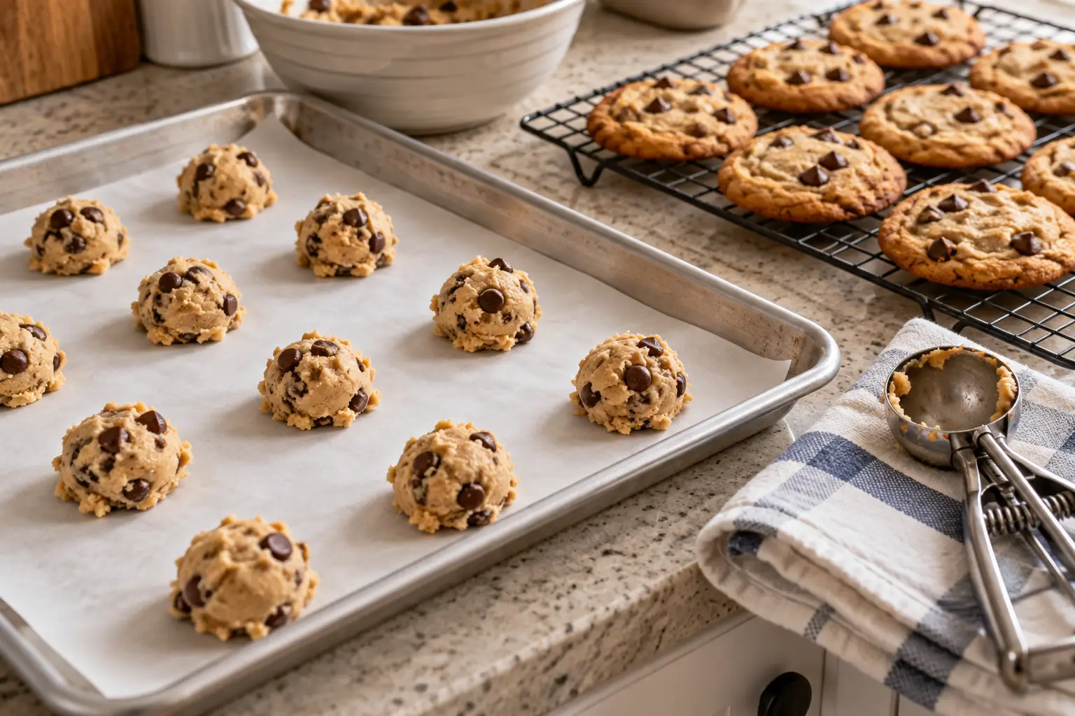 Chocolate chip cookie dough on baking sheet next to cooling rack of baked cookies in kitchen