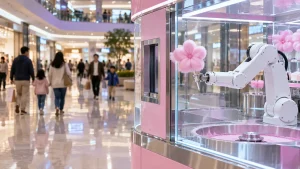 Robotic arm creating pink cotton candy in modern shopping mall setting