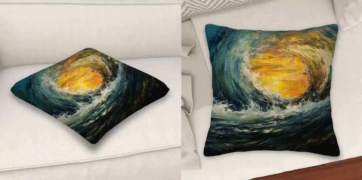Decorative pillow with vibrant ocean wave design on light-colored sofa
