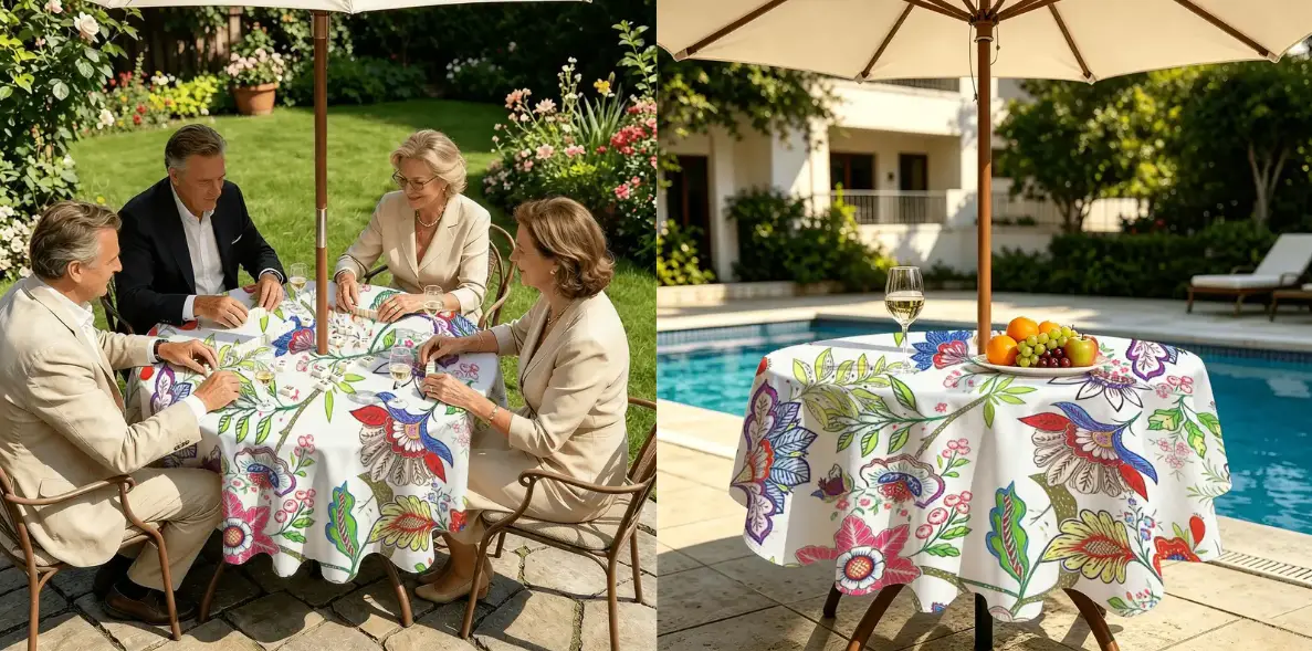 Four people dining outdoors under floral tablecloth and umbrella in garden setting