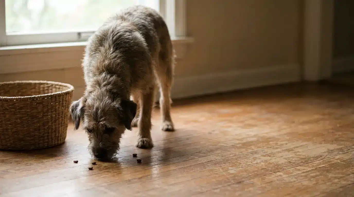 Dog eating kibble on wooden floor near wicker basket in softly lit room