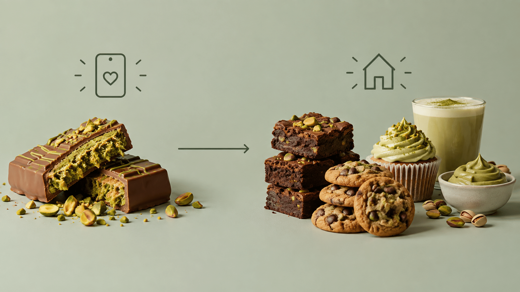 Chocolate-coated pistachio bars, matcha cupcakes, and cookies on pastel green background