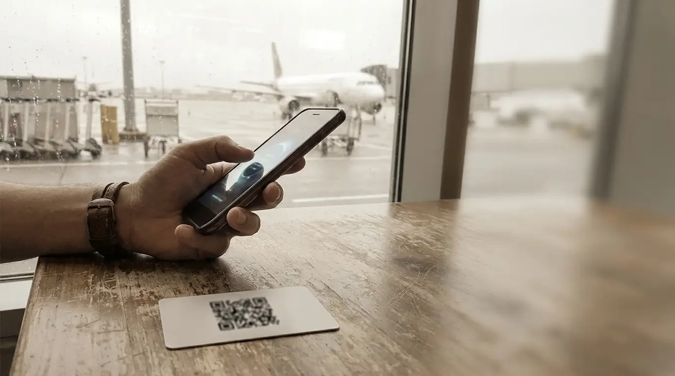 Hand holding smartphone next to QR code on wooden table at rainy airport window