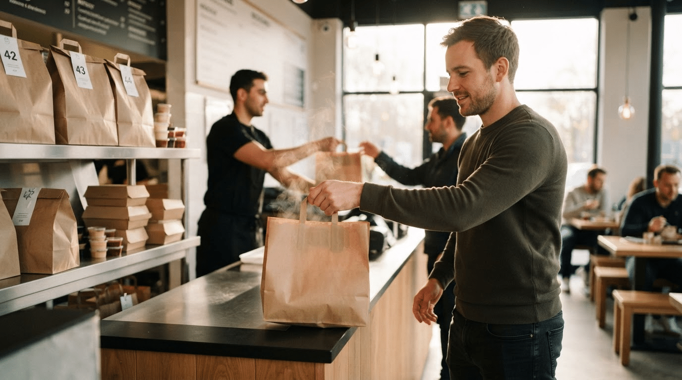 Man picking up takeout order at a modern cafe counter with paper bags and cups