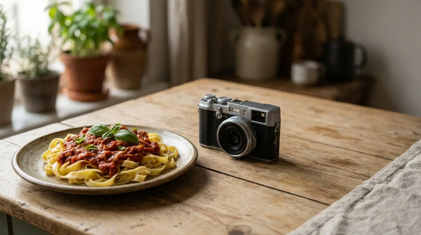 Pasta with tomato sauce and basil on wooden table next to vintage camera in rustic kitchen