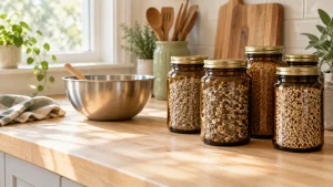 Jars filled with grains and seeds next to mixing bowl on sunlit kitchen counter