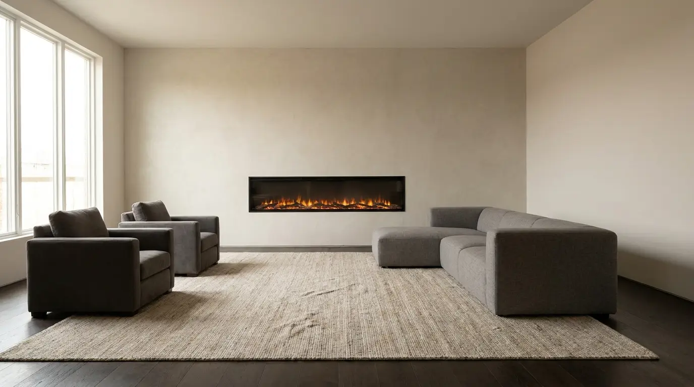 Sofa and armchairs angled around a wall-mounted electric fireplace on a rug in a living room