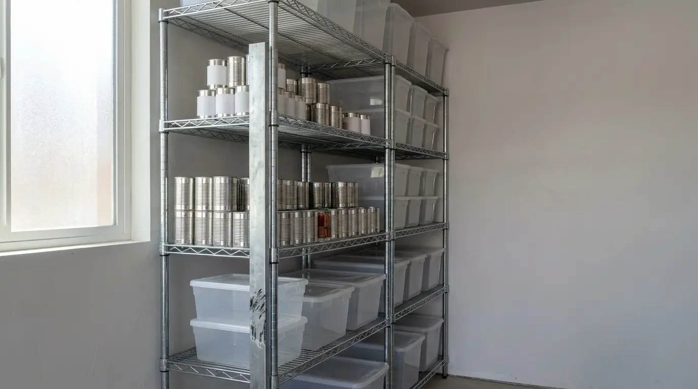 Steel wire shelving in a garage holding stacked cans and clear lidded bins under window light